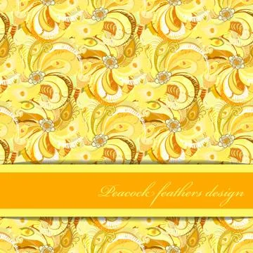 Yellow orange peacock feathers pattern background. Text place. Stock Illustration