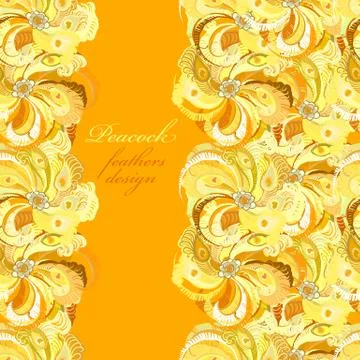 Yellow orange peacock feathers pattern background. Text place. Stock Illustration