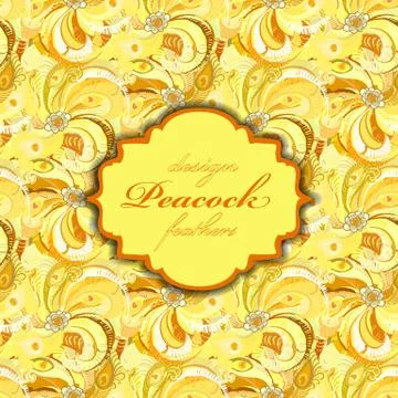 Yellow orange peacock feathers pattern background. Vintage label. Stock Illustration
