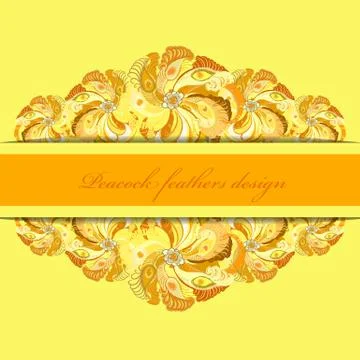 Yellow orange peacock feathers pattern background. Text place. Stock Illustration