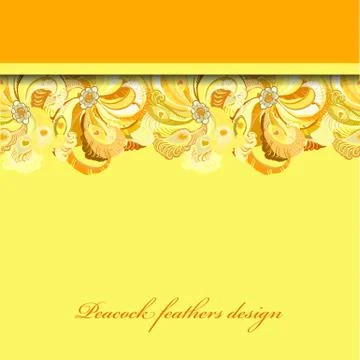 Yellow orange peacock feathers pattern background. Text place. Stock Illustration
