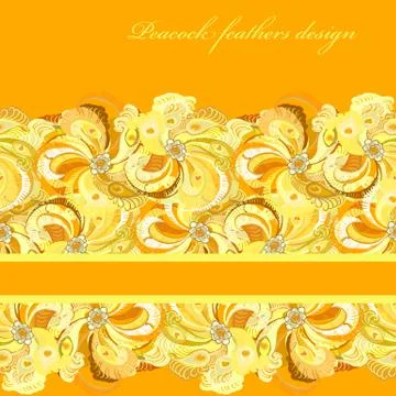 Yellow orange peacock feathers pattern background. Text place. Stock Illustration