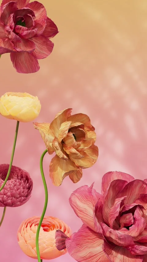 Yellow orange red ranunculus and peony flowers blooming and petals flying Stock Footage 336017504