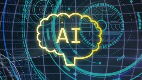 Yellow-outlined AI brain receiving left bubble, streaming binary for processing Stock Footage 334811029