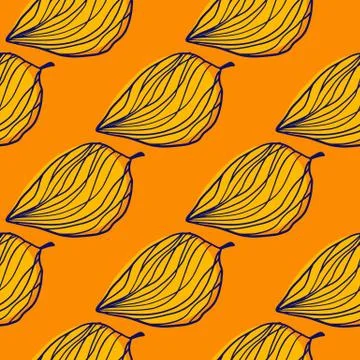 Yellow outlined leafs seamless pattern. Hand drawm elements on bright orange  Stock Illustration