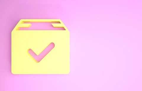 Yellow Package box with check mark icon isolated on pink background. Parcel b Stock Illustration