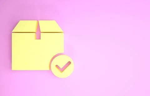 Yellow Package box with check mark icon isolated on pink background. Parcel b Stock Illustration