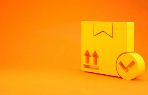 Yellow Package box with check mark icon isolated on orange background. Parcel Stock Illustration