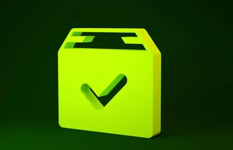 Yellow Package box with check mark icon isolated on green background. Parcel  Illustrazione stock