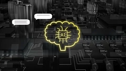 Yellow pad pulsing, pcb trace drawing brain, AI lit, left bubbles, right thumbs Stock Footage 334811035