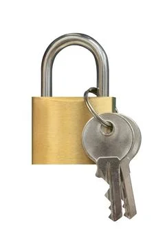 Yellow padlock with silver keys isolated on a white background Stock Photos