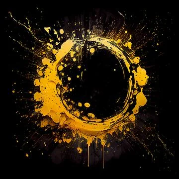 Yellow paint circle splash isolated on black background. Illustrazione stock