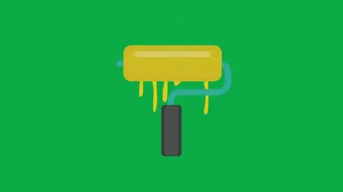 Yellow paint roller brush dripping animation on green screen background for vide Stock Footage 332151301