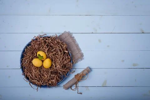 Yellow painted easter eggs in decorative nest on blue wooden background. Spring Stock Photos