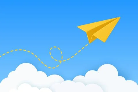 Yellow Paper Airplane Icon, Vector Illustration. Flying Paper Plane with Dotted Stock Illustration