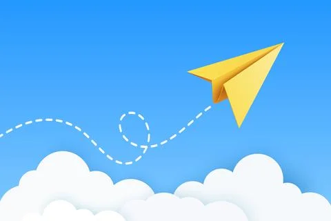 Yellow Paper Airplane Icon, Vector Illustration. Flying Paper Plane with Dotted Stock Illustration