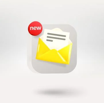 Yellow paper envelope on a white button. Application icon template. 3d vect.. Stock Illustration
