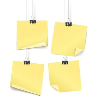 Yellow paper stickers on hooks vector illustration. Objects on transparent ba Stock Illustration