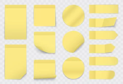 Yellow paper sticky notes, stickers set, 3d realistic reminder labels of Stock Illustration