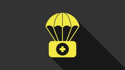 Yellow Parachute with first aid kit icon isolated on grey background. Medical Stock Footage 147697656