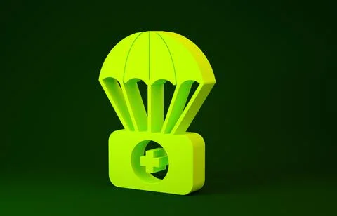Yellow Parachute with first aid kit icon isolated on green background. Medica Stock Illustration