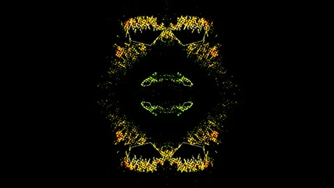 Yellow particle simulation, with a black background Stockbeeldmateriaal 279048912