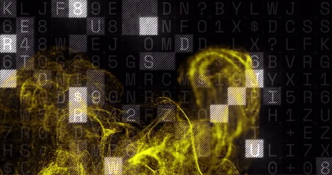 Yellow particle waves animation over alphanumeric code background Stock Footage 305431803