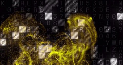 Yellow particle waves image over alphanumeric code background Illustrazione stock