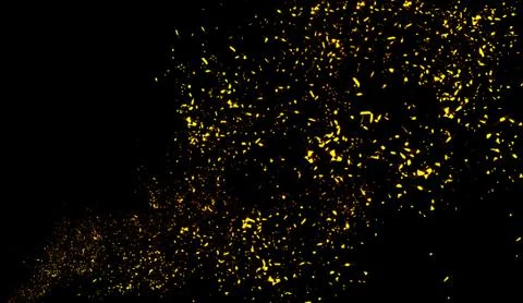 Yellow particles effect dust debris isolated on black background, motion powd Stock Illustration