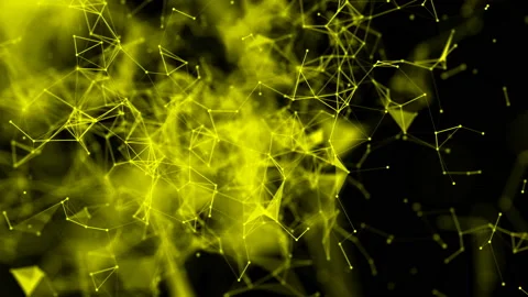 Yellow particles fly slowly against a black background, connect and disconnect.  Video stock 125041202