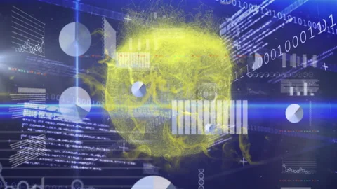 Yellow particles materializing into neural sphere showing data charts pulsing Stock Footage 310151136