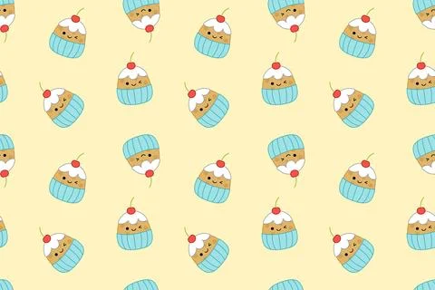Yellow pattern with cupcakes. Squishmallow. Cupcake. Kawaii, Vector Illustrazione stock
