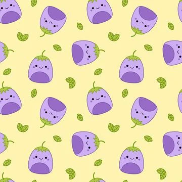 Yellow pattern with leaves and eggplants. Squishmallow. Eggplant. Kawaii, Vector Stock Illustration