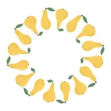 Yellow pear circle frame. Vector wreath of whole ripe pears with leaf. イラスト素材