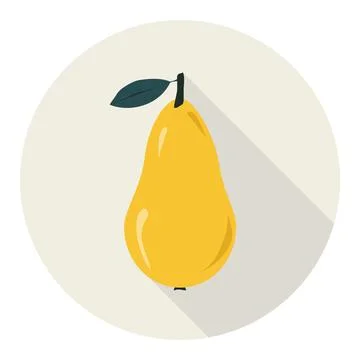 Yellow pear fruit icon with green leaf in beige circle with long shadow Stock Illustration