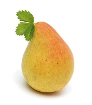 Yellow pear with green raspberry leaf on top isolated on white background 스톡 사진