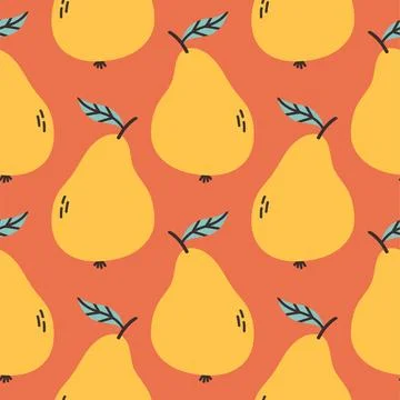 Yellow pear summer pattern on red background. Simple seamless pattern with pears Stock Illustration