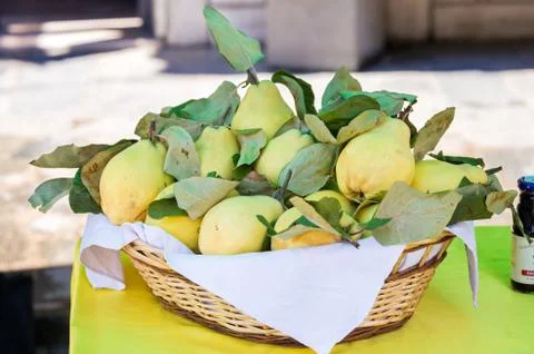 Yellow pears in basket Stock Photos
