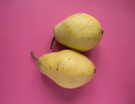 Yellow pears on pink background Stock Photos