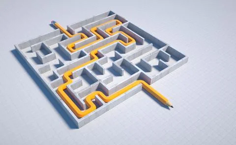 A yellow pencil finds the exit from a complex maze. Illustrazione stock