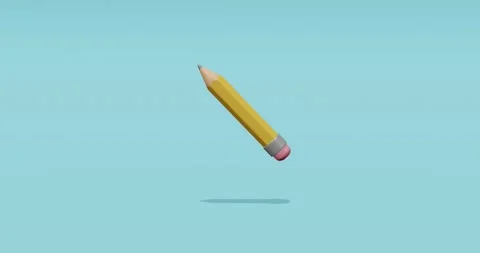 Yellow pencil with shadow on a blue background. Simple pencil. 3D 4k Stock Footage 197265349