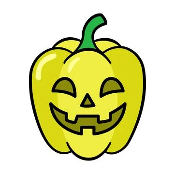 Yellow pepper jack o lantern illustration with playful carved face on white.. Ilustración de archivo