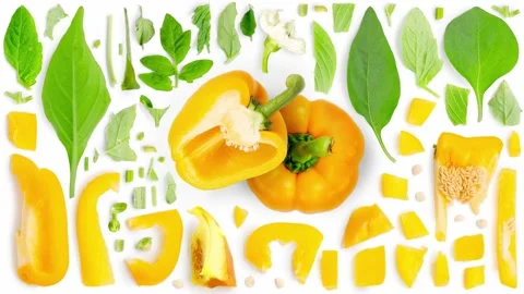 Yellow Pepper Slice and Leaf Collection Video stock 171874678