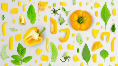 Yellow Pepper Slice and Leaf Collection Stock Footage 204006304