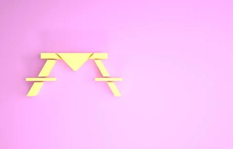 Yellow Picnic table with benches on either side of the table icon isolated on Stock Illustration