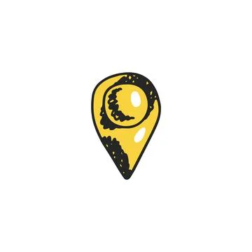 Yellow pin map marker hand drawn sketch vector illustration. Destination point Stock Illustration