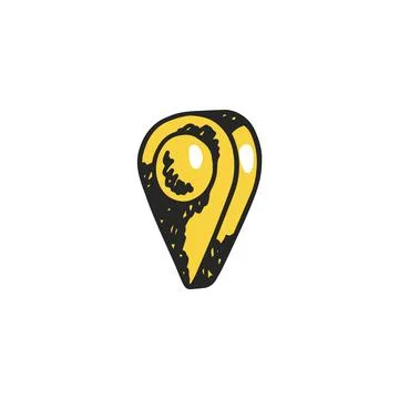 Yellow pin map marker icon hand drawn in doodle style. Isometric location 스톡 일러스트