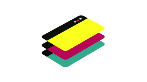 Yellow, pink, and teal browser windows animate in a playful stacked loop. Bright Stock Footage 312414226