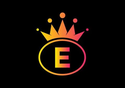 Yellow pink gradient color of E initial letter in oval shape with crown Stock Illustration