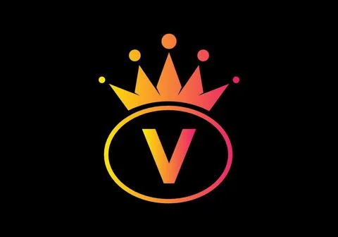 Yellow pink gradient color of V initial letter in oval shape with crown Stock Illustration